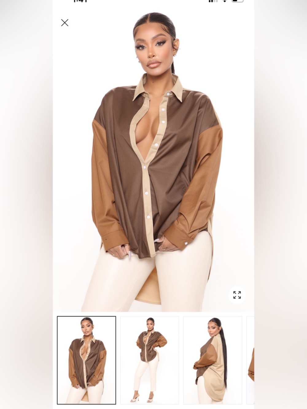 Women's Colorblock Button-Up Shirt - Brown/Tan